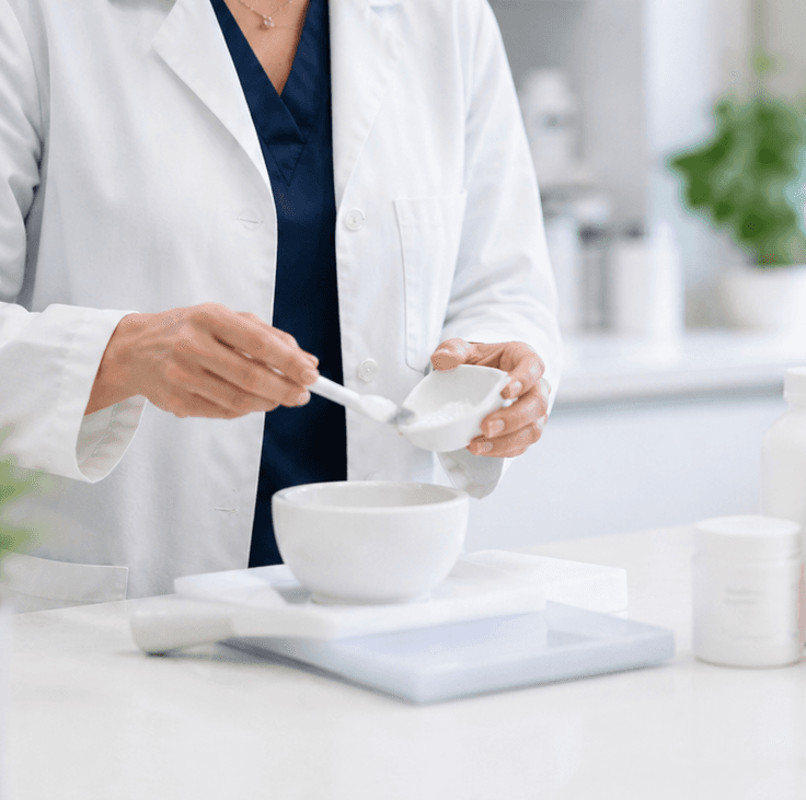 Pharmacist hands compounding a clinical formulation on a clean lab counter
