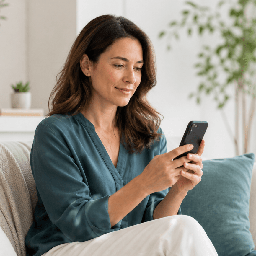 Woman relaxing on a couch managing her treatment in the gojiCare app