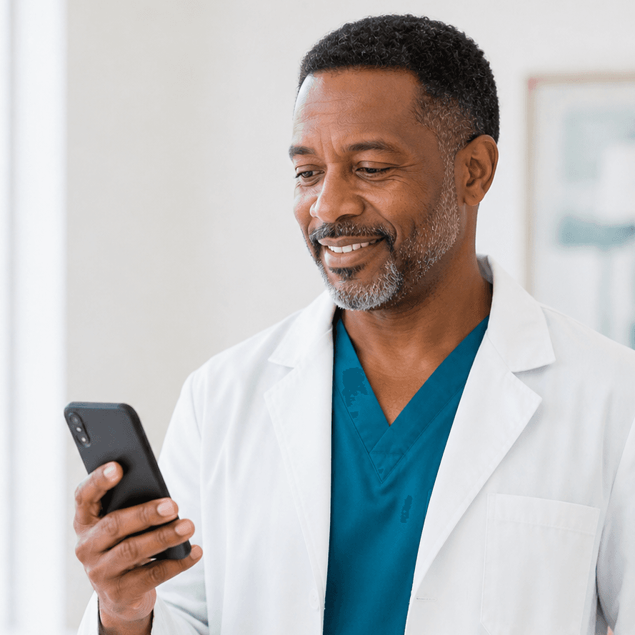 Licensed physician in a white coat reviewing a patient consult on his phone