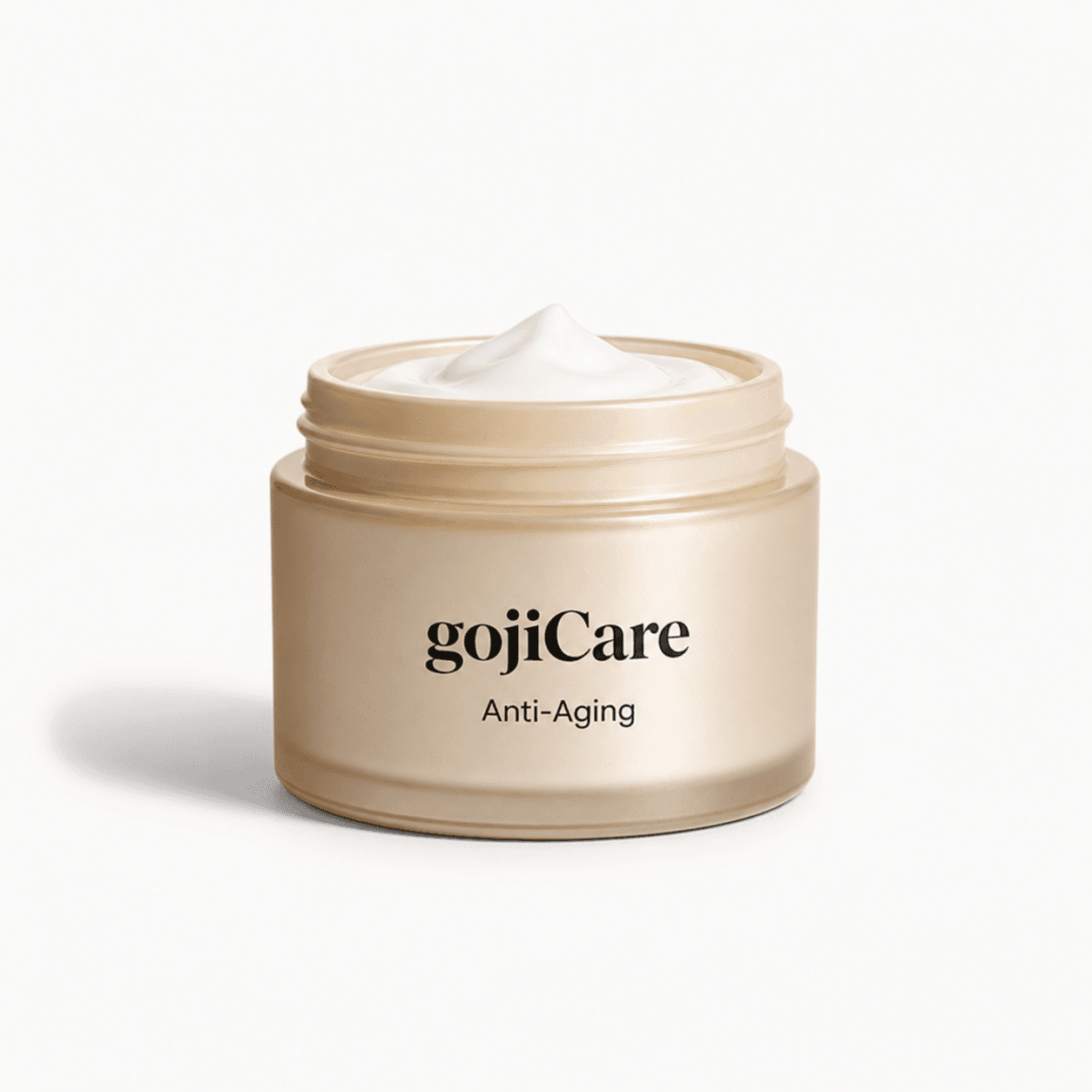 Tan-toned jar with a recessed lid representing the anti-aging treatment cream
