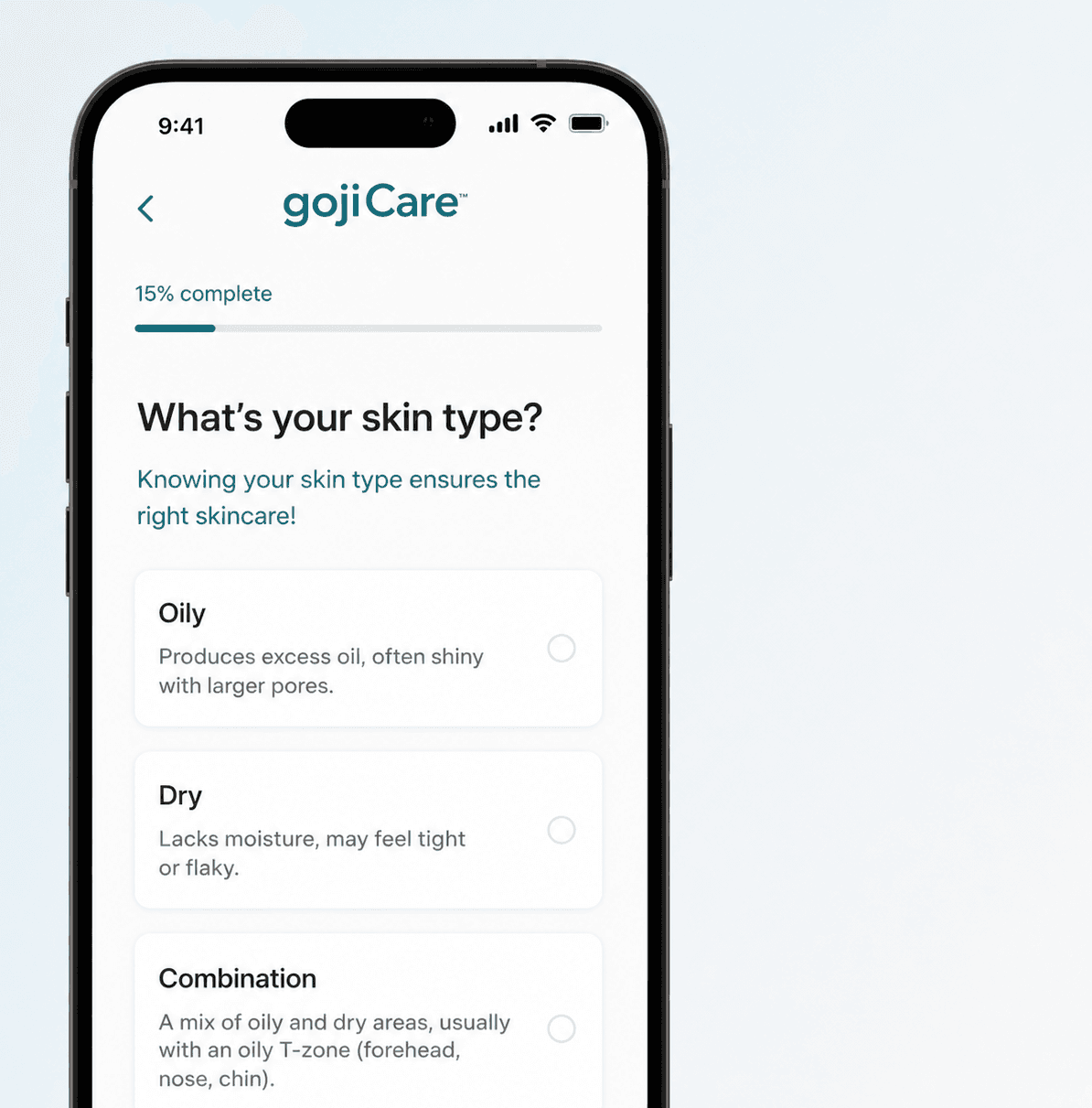 Phone mockup showing a guided skincare intake question on a soft cream background