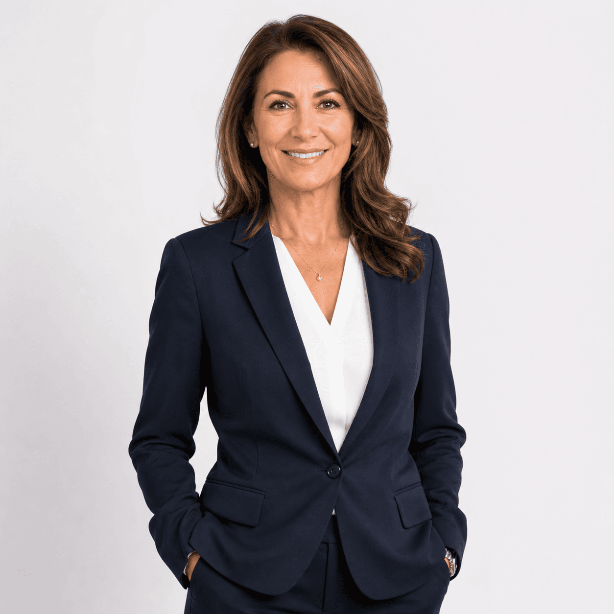 Portrait of Dr. Elena Rossi in a navy blazer and white blouse