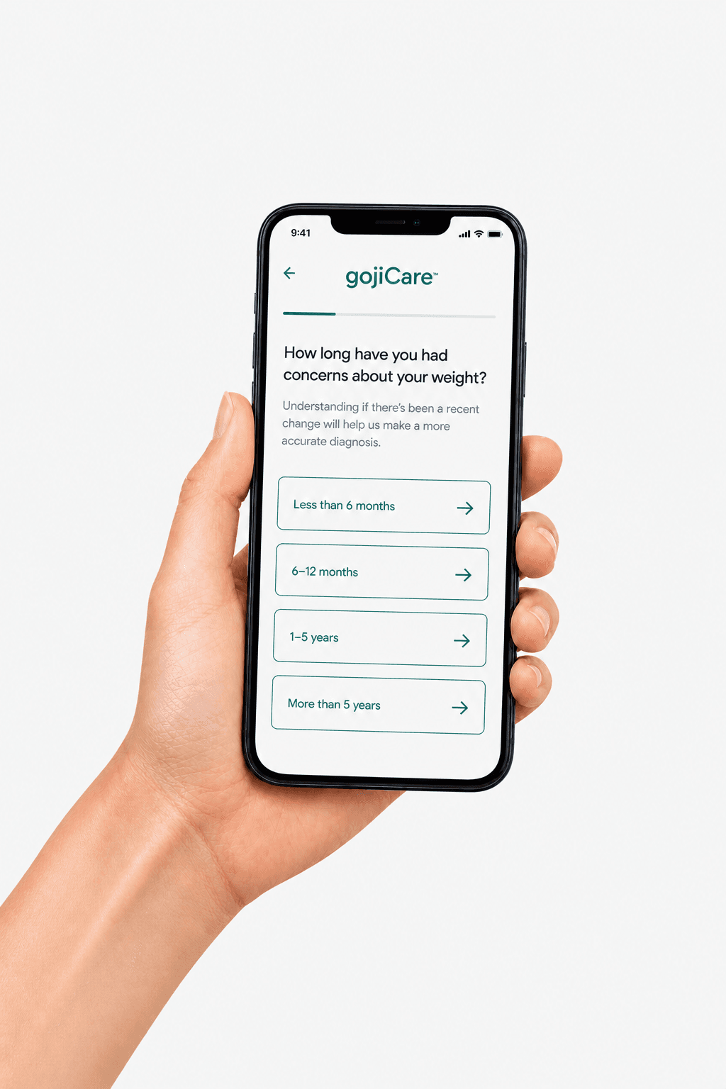 Hand holding a phone displaying the gojiCare in-app weight-history question with four pill answers