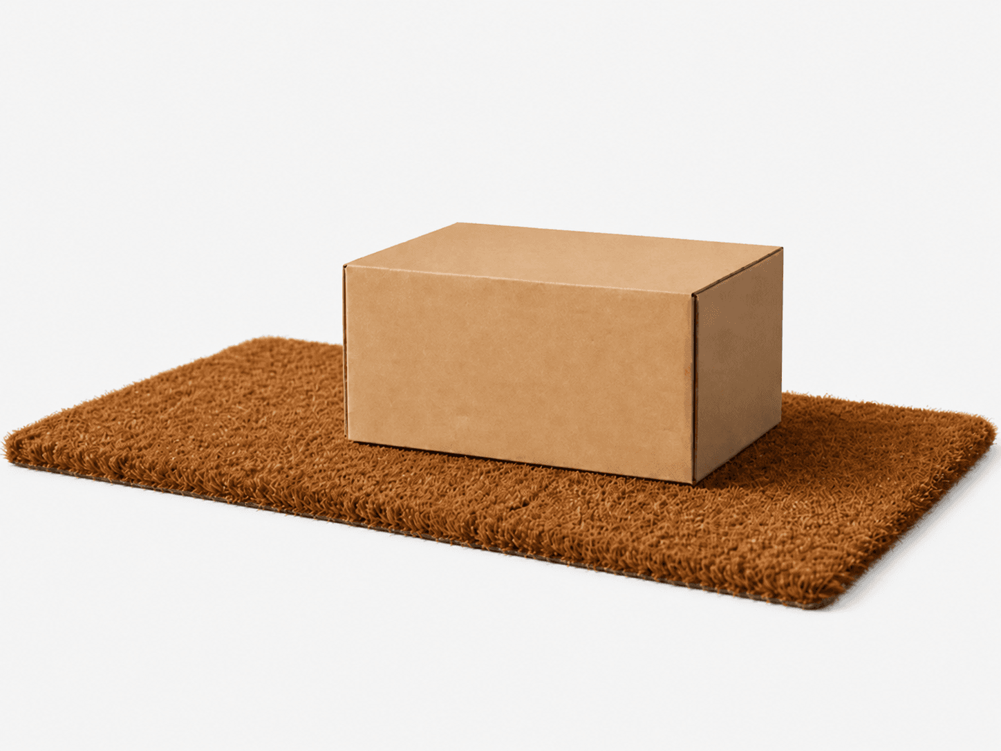 A kraft-paper parcel sitting on a coir doormat at the front door